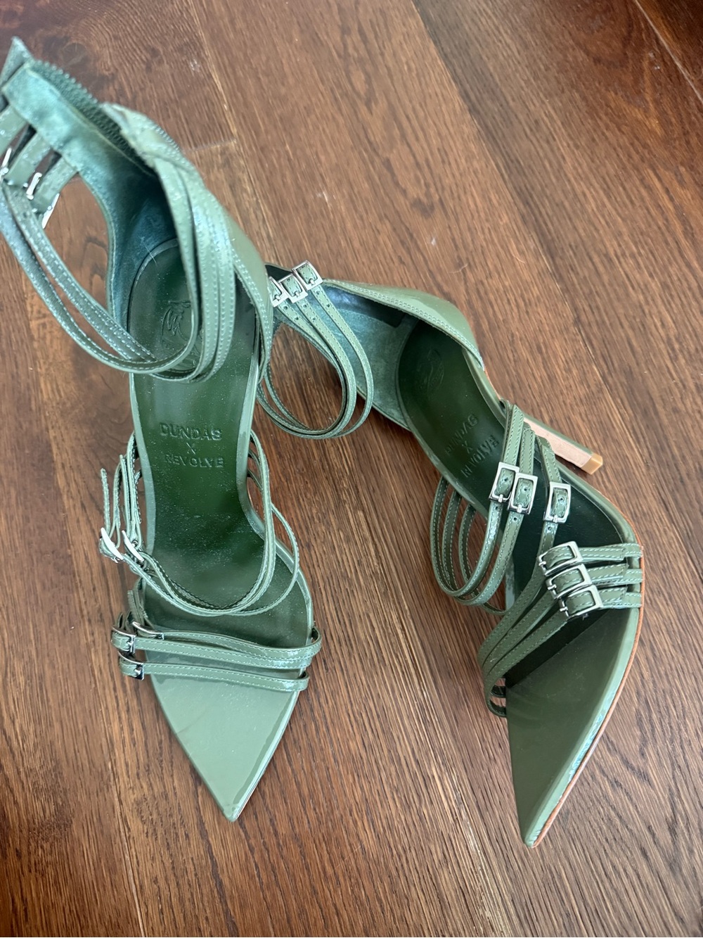 Revolve DUNDAS Olive Green Multi-Strap Pointed-Toe Heels
